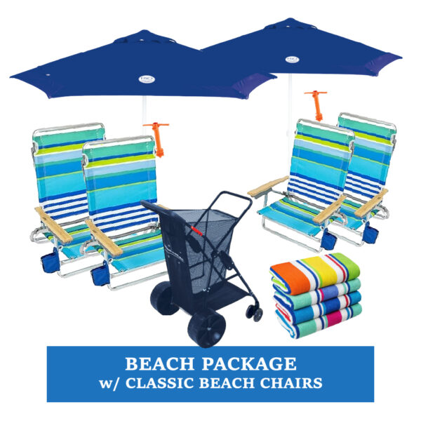 classic package 2 Umbrellas w/ anchors, 4 Classic Beach Chairs, 4 Beach Towels, & a Beach Cart Package