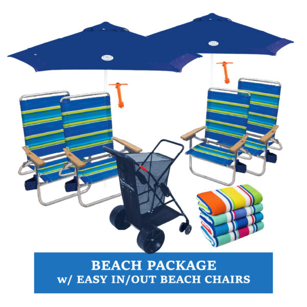 2 Umbrellas w/ anchors, 4 Easy in/out Beach Chairs, 4 Beach Towels, & a Beach Cart Package