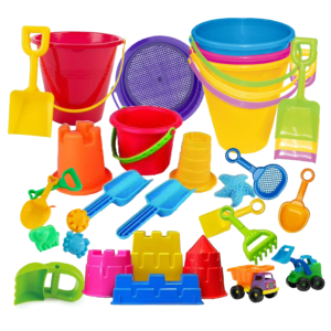 beach toys: shovel, buckets, sand mold, toy trucks for kids