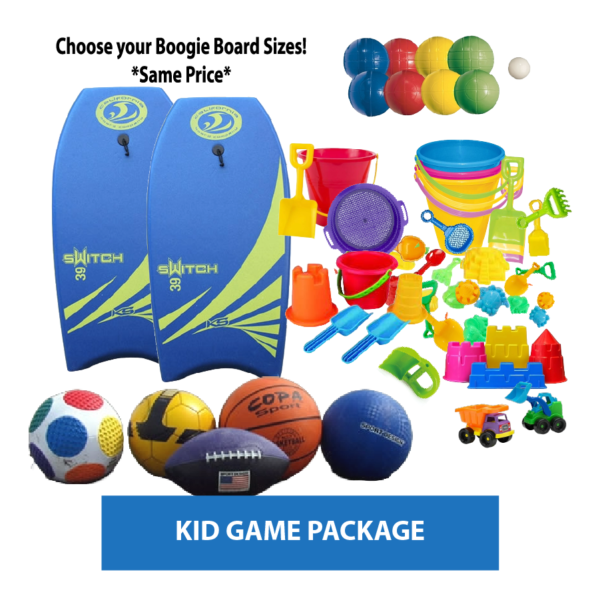 Kid Game Package - boogie boards, bocce, sports balls, beach toys
