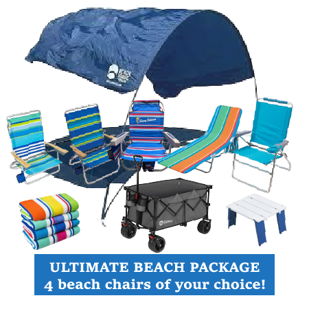 sun shade, 4 beach chairs - choose your style, an ultra cargo wagon, beach table & 4 beach towels
