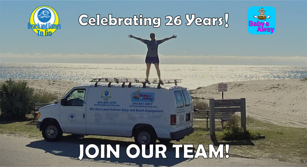final paula on the van@300x-100 Paula Reavis, owner of Charleston Baby's Away & Beach and Games To Go, standing on top of a cargo van at the beach. We're Hiring, Join our Team!